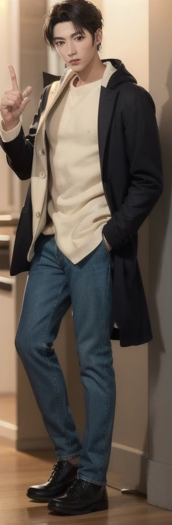 (photorealistic:1.2), (high detail face:1.3), (high detail hands:1.3), (anatomically correct hands:1.2), handsome young asian man, Japanese idol style, short clean-cut hair, ((center part)), white lab coat, black hoodie underneath, calm confident expression, (holding a product in right hand:1.3), (pointing with left index finger:1.3), explaining pose, plain white background, mid-shot portrait, high quality, detailed, 8K, (realistic skin texture:1.2), (sharp focus:1.1)