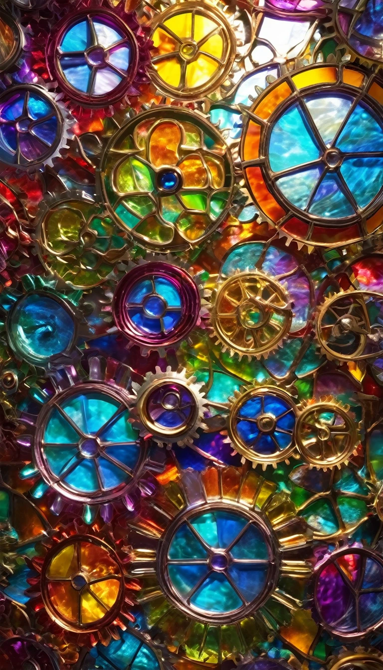 conceptual installation pop art, best quality, super fine, 16k, 2.5D, delicate and dynamic depiction, transparent, translucent iridescent stained glass, prism effects, driven by gears and wheels, eye-catching effects, beautiful and clear work, just like the photo