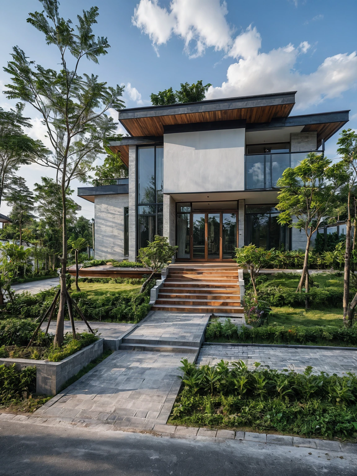 Raw photo,Masterpiece, high quality, best quality, authentic, super detail,
exterior, outdoors, house style modern on the street, glass windows, gate, wooden ceiling,
road,pavement, trees, sky, cloud, (daylight:1.1)