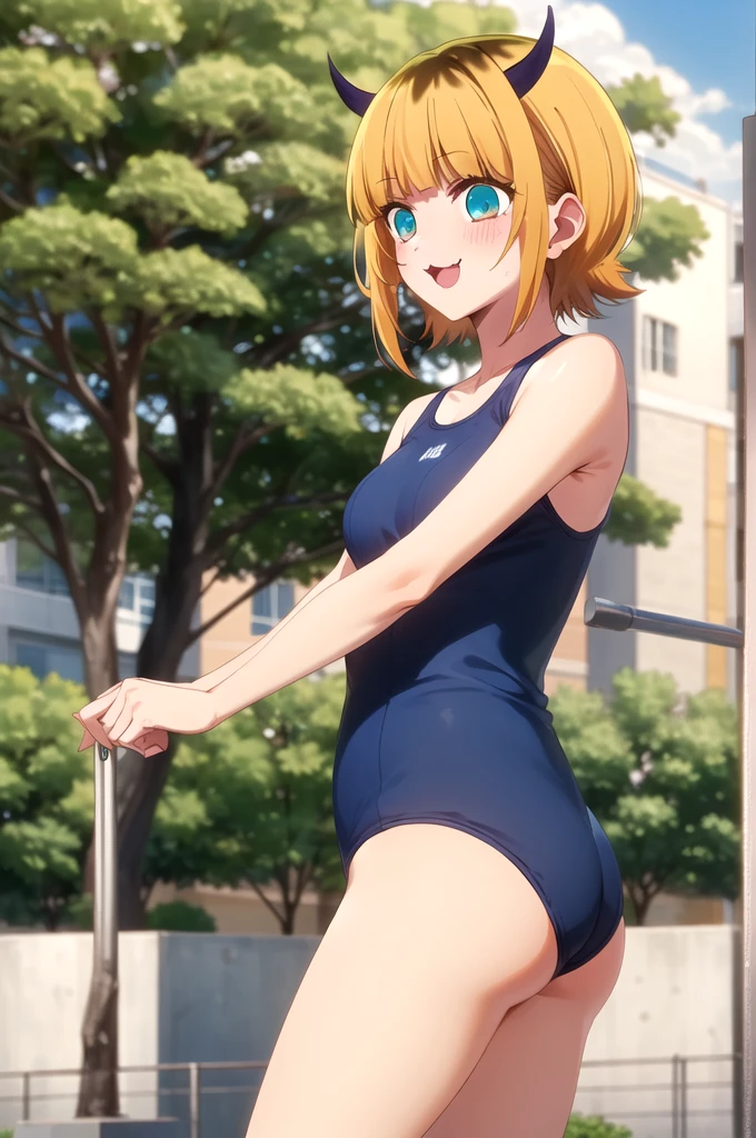 Highest quality, masterpiece, detailed, memcho, Open your mouth, A slight blush, :3, smile, short hair, Blonde, Multicolored Hair, Aqua Eye, Blunt bangs, horn, 
 
		one-piece swimsuit
.Are standing, Looking at the audience, (Day:1.2), garden, Outdoor
