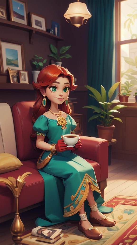 Concept Art,character illustration of a,European and American cartoons,（whole body：1.5），Mid-Long View，carpet，（Puppy lying on the floor），shoe，一个20岁的金发女生悠闲的sit在living room，Holding a cup of coffee，A laid-back expression，Relax，Leisure，European and American cartoons，1 Girl,freckle,Solitary,Jewelry,Green Eyes,Weaving,earrings,twin Weavings,necklace,Looking at the audience,Red hair,plant,Puff sleeves,bracelet,Smile,Long hair,puffy short sleeve,Necklace,dress，flower，Coffee cup，Gloves，earrings，Jewelry，肘部Gloves，cup，，sit，sofa，window，cake，小cake，sofa，living room，solo