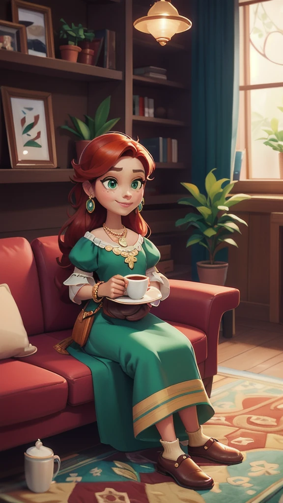 Concept Art,character illustration of a,European and American cartoons,（whole body：1.5），Mid-Long View，carpet，（Puppy lying on the floor），shoe，一个20岁的金发女生悠闲的sit在living room，Holding a cup of coffee，A laid-back expression，Relax，Leisure，European and American cartoons，1 Girl,freckle,Solitary,Jewelry,Green Eyes,Weaving,earrings,twin Weavings,necklace,Looking at the audience,Red hair,plant,Puff sleeves,bracelet,Smile,Long hair,puffy short sleeve,Necklace,dress，flower，Coffee cup，Gloves，earrings，Jewelry，肘部Gloves，cup，，sit，sofa，window，cake，小cake，sofa，living room，solo