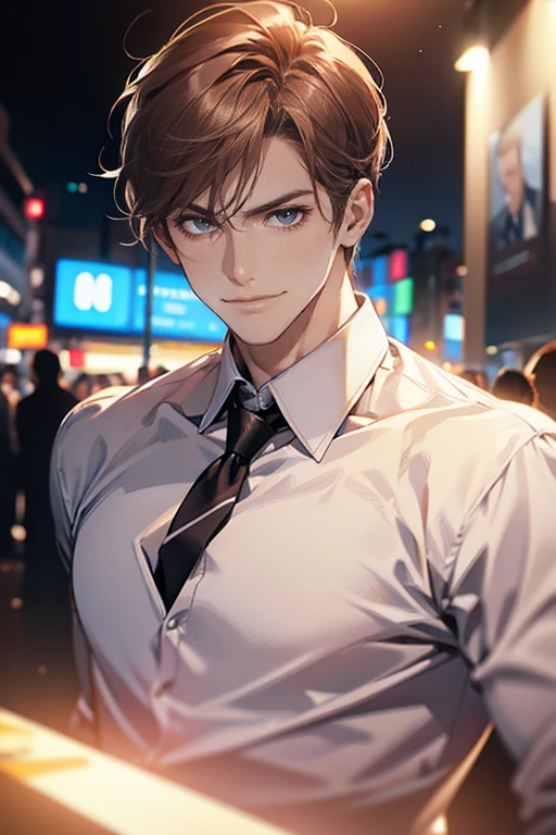 (tmasterpiece, high resolution, ultra - detailed:1.0), (1 male, masculine face, 31 years, CEO), Perfect male body, tall and strong, Adult male, Delicate eyes and delicate face, Extremely detailed CG, Unity 8k wallpaper, Complicated details, Detailed face, (short brown hair, short hair, smile in love faces, blur eyes, white shirts,), (frown, smile in love:1.3), stad in corporativo, empresa, escritório style, color difference, Depth of field, dramatic shadow, Ray tracing, Best quality, Cinematic lighting, offcial art,Portrait