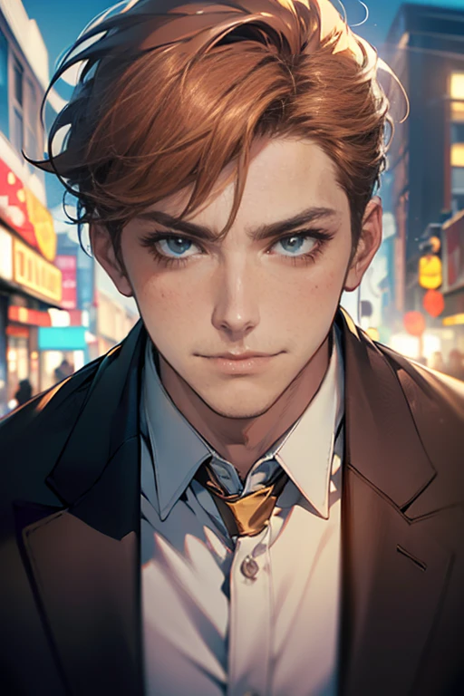 (tmasterpiece, high resolution, ultra - detailed:1.0), (1 male, masculine face, 31 years, CEO), Perfect male body, tall and strong, Adult male, Delicate eyes and delicate face, Extremely detailed CG, Unity 8k wallpaper, Complicated details, Detailed face, (short brown hair, short  hair, smile in love faces, blur eyes, white shirts,), (frown, smile in love:1.3), stad in corporativo, empresa, escritório style, color difference, Depth of field, dramatic shadow, Ray tracing, Best quality, Cinematic lighting, offcial art,Portrait