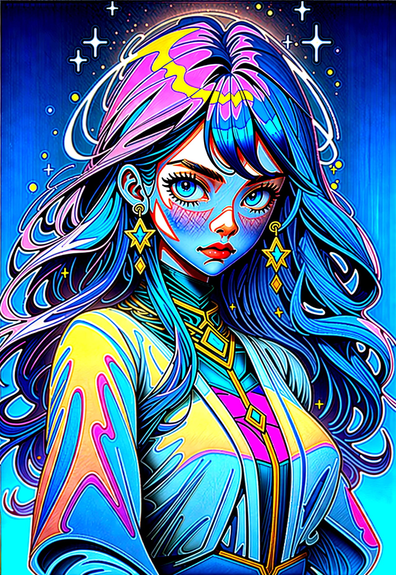 A beautiful girl, big elongated eyes, dark brown eyes, long blue hair, soft lips, brown skin, hair blue, wavy hair, hair bangs, glowy stars on hair, white tip with light blue, neck chain with a white star, right gaze, glow, fantasy