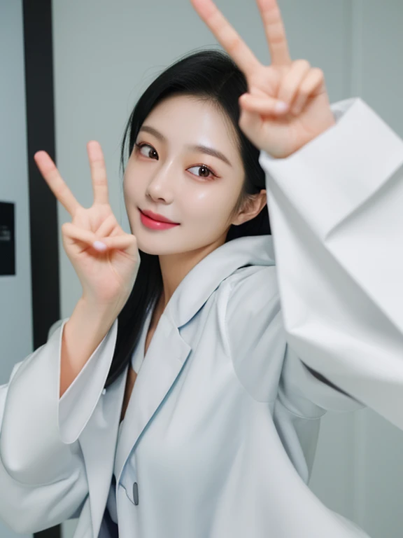 (medium shot:1.2), looking at viewer, smiling elegant slim asian woman, Korean, wearing (labcoat:1.4), black hair, (peace sign), (modern surgery room), photo, 1girl, ultra high res, realistic photorealistic, ultra-detailed, finely detailed, high resolution, perfect dynamic composition, (perfect eyes), (detailed eyes), solid circle eyes, sparkling eyes, (clean eyes), anatomically correct, super detail, textured skin, extremely detailed face and eyes, detailed facial features, ((perfect face)), wide hips