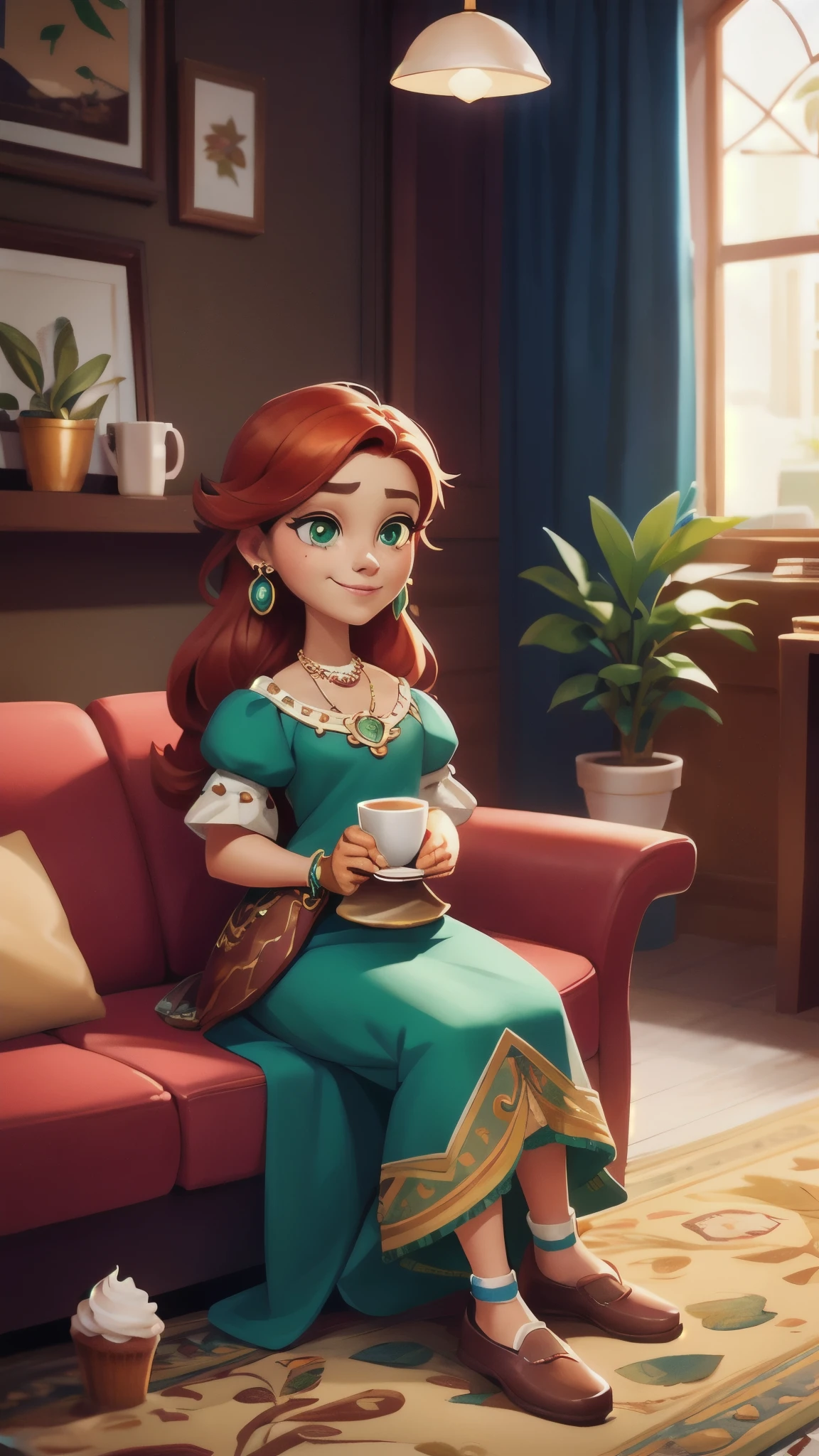 Concept Art,character illustration of a,European and American cartoons,(whole body:1.5),Mid-Long View,carpet,(Puppy lying on the floor),shoe,一个20岁的金发女生悠闲的sit在living room,Holding a cup of coffee,A laid-back expression,Relax,Leisure,European and American cartoons,1 Girl,freckle,Solitary,Jewelry,Green Eyes,Weaving,earrings,twin Weavings,necklace,Looking at the audience,Red hair,plant,Puff sleeves,bracelet,Smile,Long hair,puffy short sleeve,Necklace,dress,flower,Coffee cup,Gloves,earrings,Jewelry,肘部Gloves,cup,,sit,sofa,window,cake,小cake,sofa,living room,solo