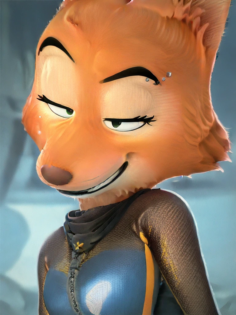 score_9, score_8_up, score_7_up, score_6_up, score_5_up, score_4_up,
Diane_Foxington, ginger fur, emerald eyes, black lipstick, black eyebrows, silver piercings on eyebrow, fox tail, bodysuit with yellow trim and black wraps, smirk, gagged with red ballgag, arms tied behind, shibari, hishi karada, whole body