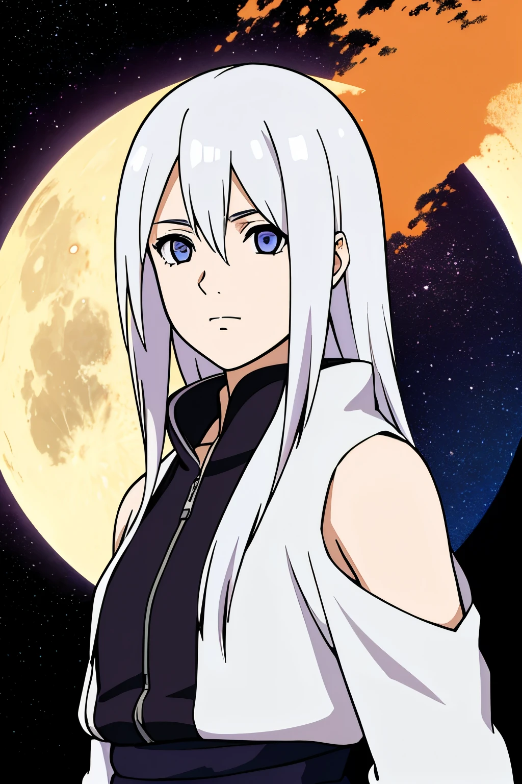 (high-quality, breathtaking),(expressive eyes, perfect face) portrait, Symmetrical Eyes, 1girl, solo, white hair, white coloured eyes, anime naruto art style, medium length hair, fluffy hair, feminine face, sky background, moon, open field background, stars, red leaf trees, hyuga, Ōtsutsuki, naruto ninja attire, neutral expression, soft smile, purple and black clothing, white trim, long sleeves, white dress, hair between eyes, bare shoulders, jacket,