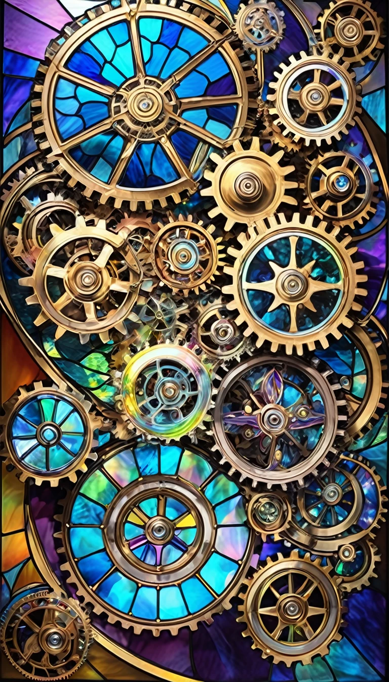 conceptual installation pop art, best quality, super fine, 16k, 2.5D, delicate and dynamic depiction, transparent, translucent iridescent stained glass, prism effects, driven by gears and wheels, eye-catching effects, beautiful and clear work, just like the photo