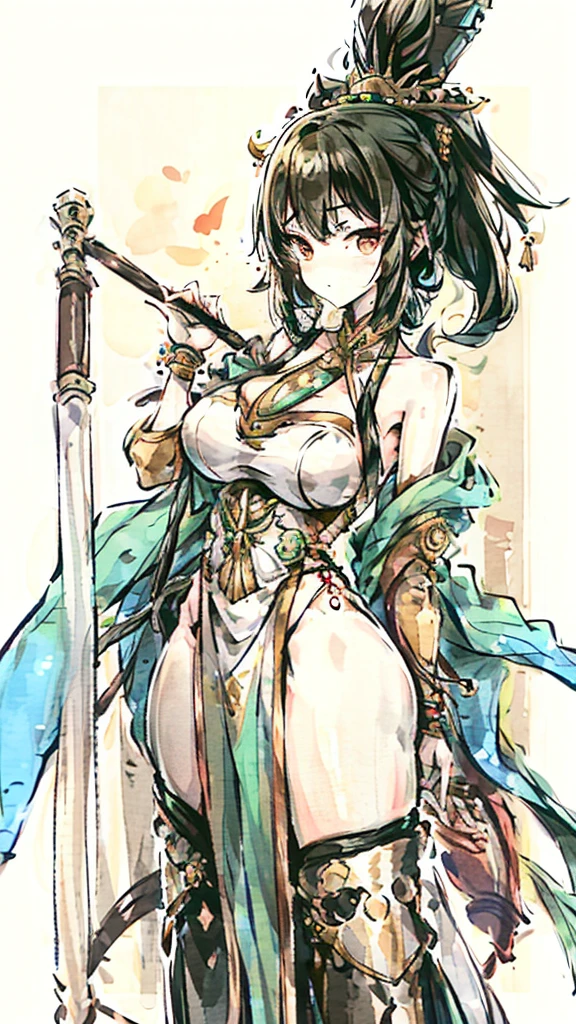 warrior queen, short black hair, tanned skin, wide hips, Big bust, with wooden mallet, Dressing: plume with green feathers, gold earrings, short white tunic, leather huaraches, war makeup. 