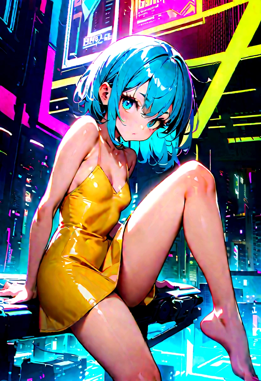 Woman with golden skin, simple low-cut dress with yellow miniskirt with glitter, yellow dress, metallic blue hair, small breasts, beautiful legs, large eyes, cyberpunk background, big green eyelashes, barefoot , long legs