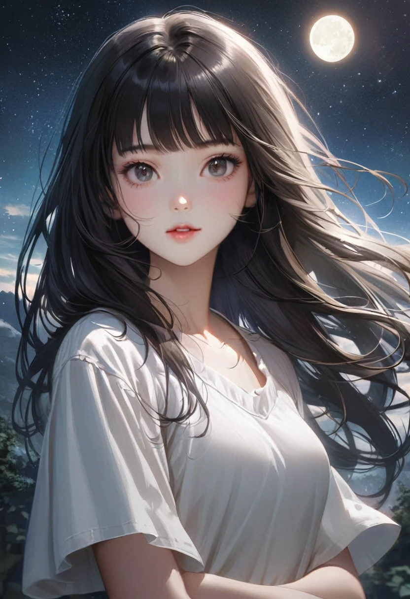 A beautiful woman with long hair wearing a white shirt, cute anime-style face, realistic anime girl, Chisato, black hair with bangs, Kurumi, cute and delicate face, young cute pale Asian face, Sakimichan, midday moon and stars in the sky, female