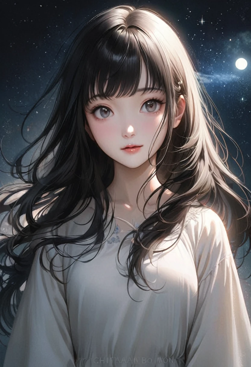 A beautiful woman with long hair wearing a white shirt, cute anime-style face, realistic anime girl, Chisato, black hair with bangs, Kurumi, cute and delicate face, young cute pale Asian face, Sakimichan, midday moon and stars in the sky, female