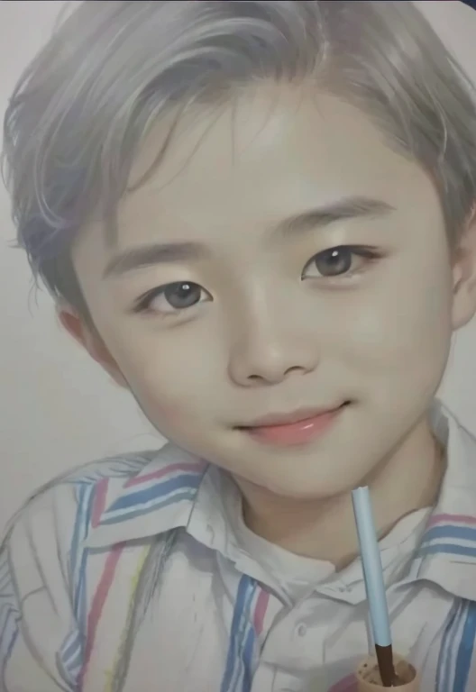 Drawing of a boy drinking through a straw, Realism drawing, Pencil drawing, a Pencil sketch, pencil on paper, traditional art, Shim Sa-jeong, Pencil sketch, Inspired by Yonghao Han, Inspired by Huang Gongwang, Realistic sketch, Traditional drawing style, hyperRealistic sketch, Traditional portrait, Close-up portrait, Realistic portraits etc.、Please recreate the deep nasolabial folds that appear when smiling from the nostrils to the mouth...。