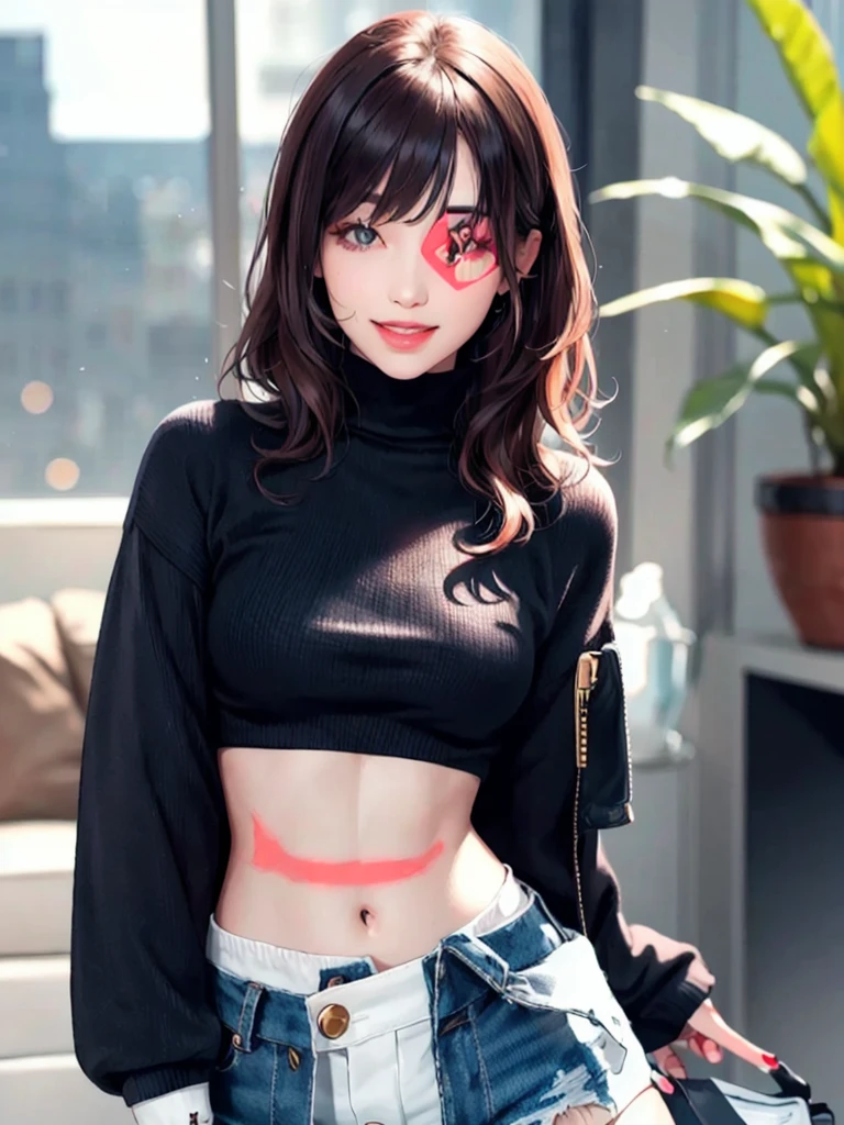 1girl,solo,long hair,looking at viewer,smile,bangs,skirt,brown hair,long sleeves,navel,brown eyes,standing,parted lips,shorts,midriff,nail polish,grin,blurry,sweater,crop top,fingernails,sleeves past wrists,makeup,turtleneck,plant,lipstick,white shorts,realistic,black sweater,cropped sweater
