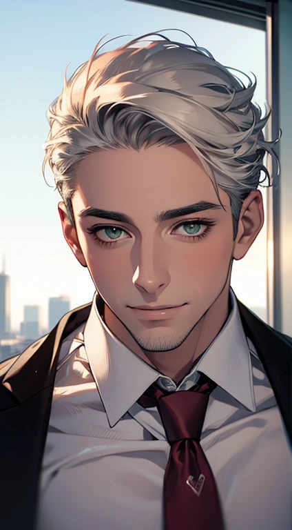 (Highest quality,4K,8K,High resolution,masterpiece:1.2),Super detailed,(Realistic,photoRealistic,photo-Realistic:1.37),1 person,34 years old,Mature Men,Beautiful skin、very handsome,Expressionless smile in love,Short white hair,green eyes,Sharp Eyes,A perfect face without a doubt,Businessman, CEO, Office Background,Cinema Lighting,HDR image,tie、