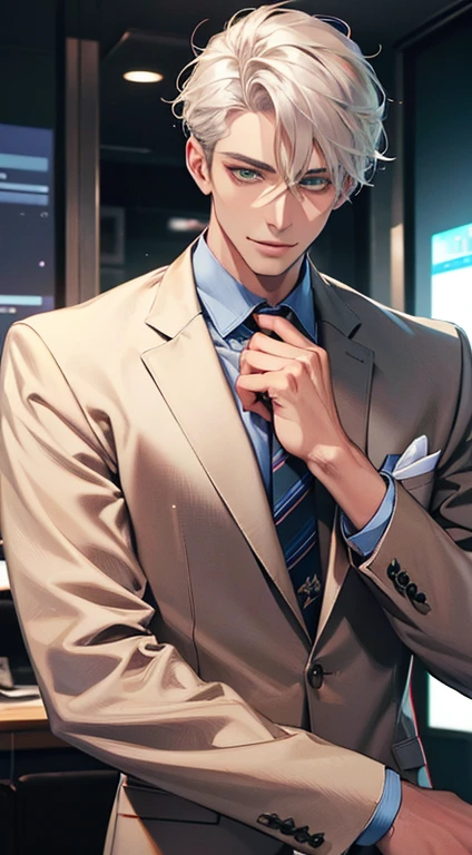 (Highest quality,4K,8K,High resolution,masterpiece:1.2),Super detailed,(Realistic,photoRealistic,photo-Realistic:1.37),1 person,34 years old,Mature Men,Beautiful skin、very handsome,Expressionless smile in love,Short white hair,green eyes,Sharp Eyes,A perfect face without a doubt,Businessman, CEO, Office Background,Cinema Lighting,HDR image,tie、