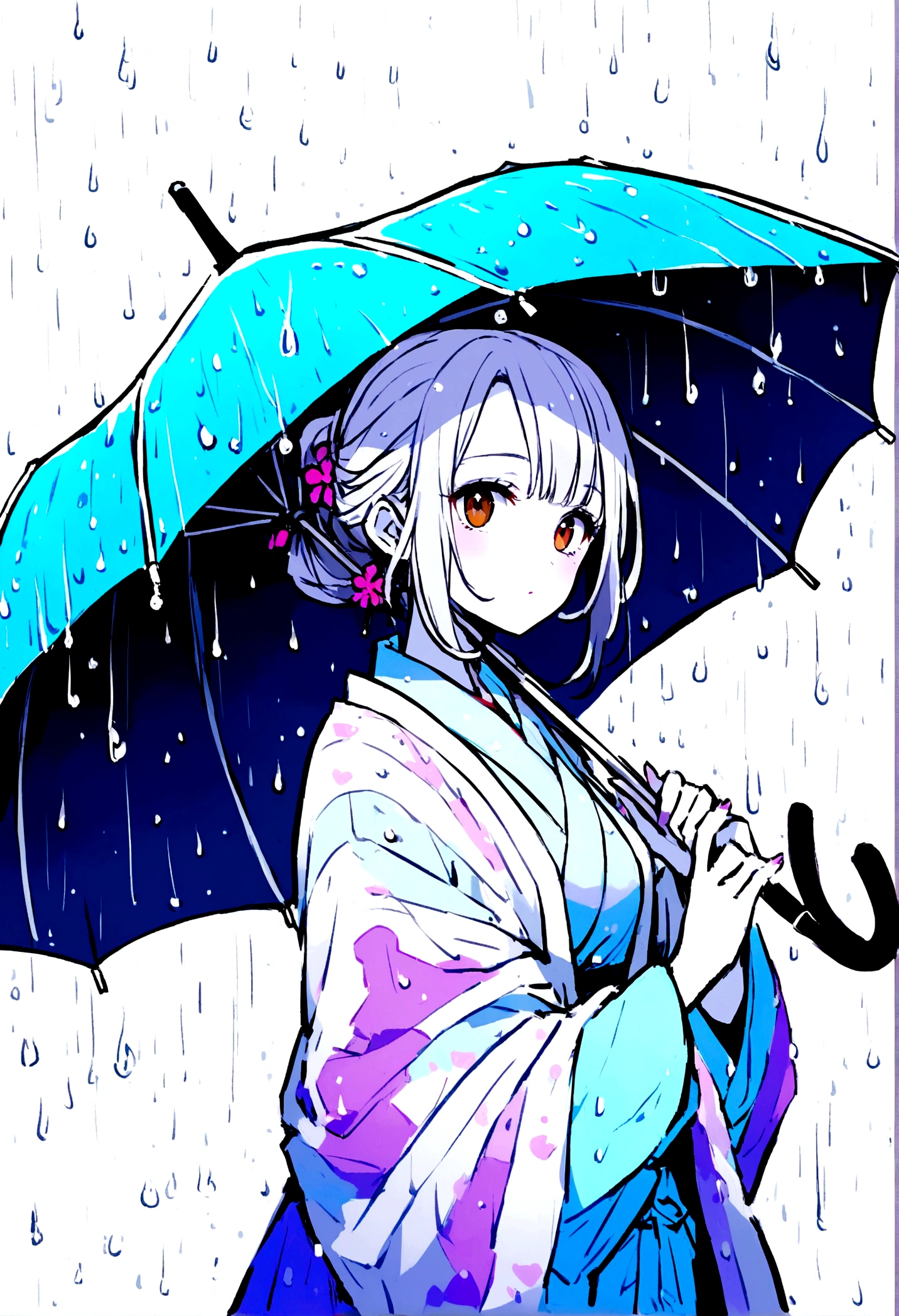 woman using umbrella in rainy season,brown eyes, white skin