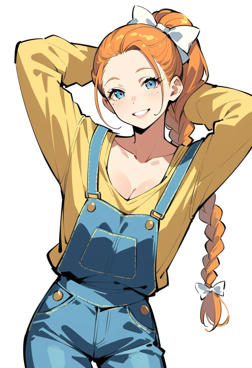 @ANN, pewarnaan character, visual illustration, aged up, 1girl, solo, (overalls), white background, (blue overalls), smile, blue eyes, simple background, looking at viewer, breasts, arms up, long sleeves, yellow shirt, orange hair, cowboy shot, collarbone, collared shirt, cleavage, denim, hair pulled back, upper teeth only, blonde hair, very long hair, medium breasts, forehead, standing, arms behind head, braided ponytail, single braid, teeth, oversized clothes, medium hair, short hair, partially unbuttoned, pants, oversized shirt, buttons, head tilt, flat chest, hair ribbon, white bow, tomboy, round teeth, plaid shirt, denim overalls, mature female, tall, tall female, slim body, freckles, highres, 4k, 8k, ann \(harvest moon\), ran \(bokujou monogatari\)