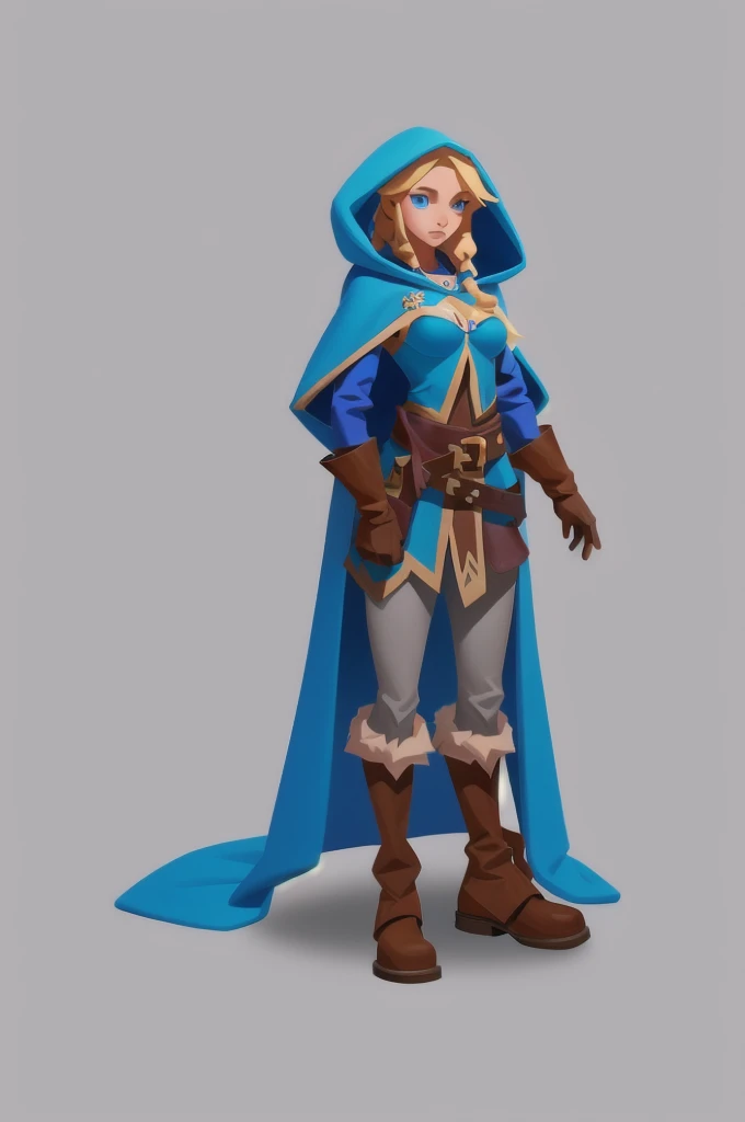 Concept Art,European and American cartoons,Game character design,1 girl,Solitary,hood,boots,Blonde,blue eyes,magician,whole body,Gray background,Simple background,Brown footwear,belt,Blue cape,breast,Brown gloves,Fur decoration,Moderate ,