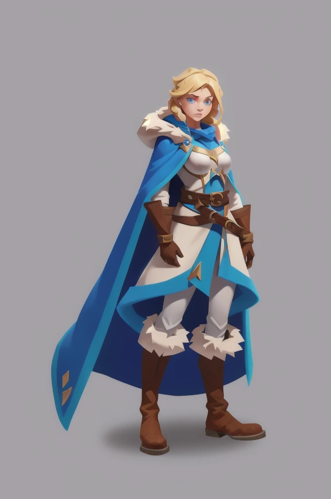 Concept Art,European and American cartoons,Game character design,1 girl,Solitary,hood,boots,Blonde,blue eyes,magician,whole body,Gray background,Simple background,Brown footwear,belt,Blue cape,breast,Brown gloves,Fur decoration,Moderate ,