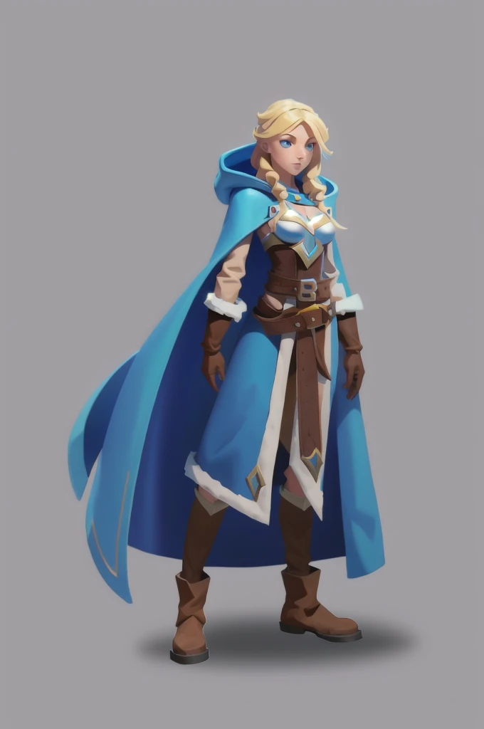 Concept Art,European and American cartoons,Game character design,1 girl,Solitary,hood,boots,Blonde,blue eyes,magician,whole body,Gray background,Simple background,Brown footwear,belt,Blue cape,breast,Brown gloves,Fur decoration,Moderate ,