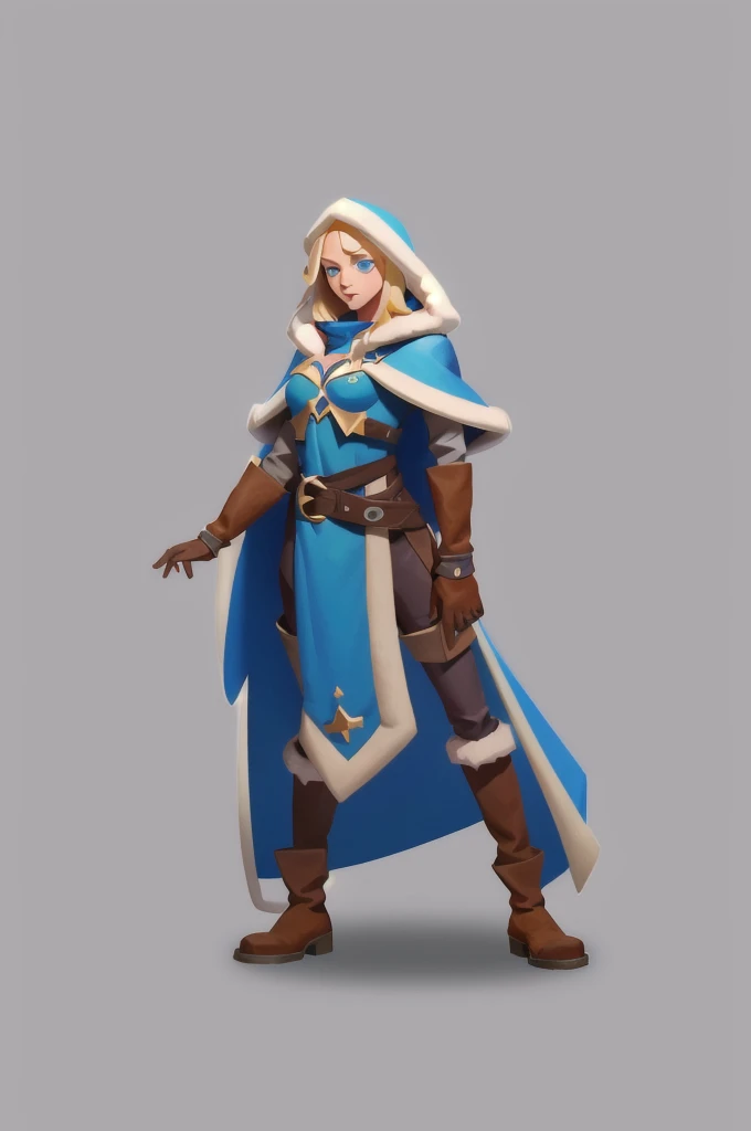 Concept Art,European and American cartoons,Game character design,1 girl,Solitary,hood,boots,Blonde,blue eyes,magician,whole body,Gray background,Simple background,Brown footwear,belt,Blue cape,breast,Brown gloves,Fur decoration,Moderate ,