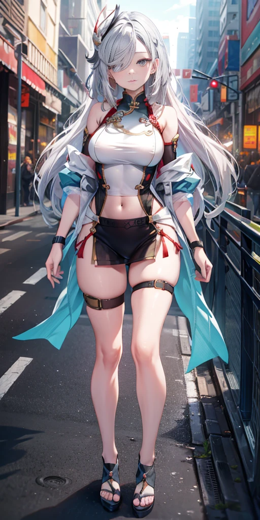 Shenhe V4, (Shen He wears a sweater),, stocking, (Solitary:1.1), (Mature woman:1.2), Pretty Face, (Delicate eyes), Symmetrical eyes, (Thin lips), (Long hair, Gray hair, Weaving, Hair covering one eye, Hair accessories), (Beautiful round breasts), Full body, Abdominal muscles, Bare belly, Slim waist, (masterpiece, Best quality), Soft ambient lighting, permanent, Front view, city street background, architecture, New York, Bright colors, sunny, Blue sky, Looking at the audience, Slim waist, HD, 8K, Bright colors, complex, (Abdominal musclesurdres:1.2), Vague_background, Bokeh, (Clear focus) ((Delicate face)), Facial details, (pov thigh)