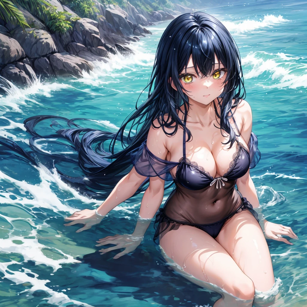 ((Highest quality)), ((masterpiece)), (detailed), 1woman, 独奏, miko, 比基尼, sexly, large breasts, yellow eyes, long hair, black hair, blue hair, multicolored hair, sidelocks, bangs, wet, water, beach