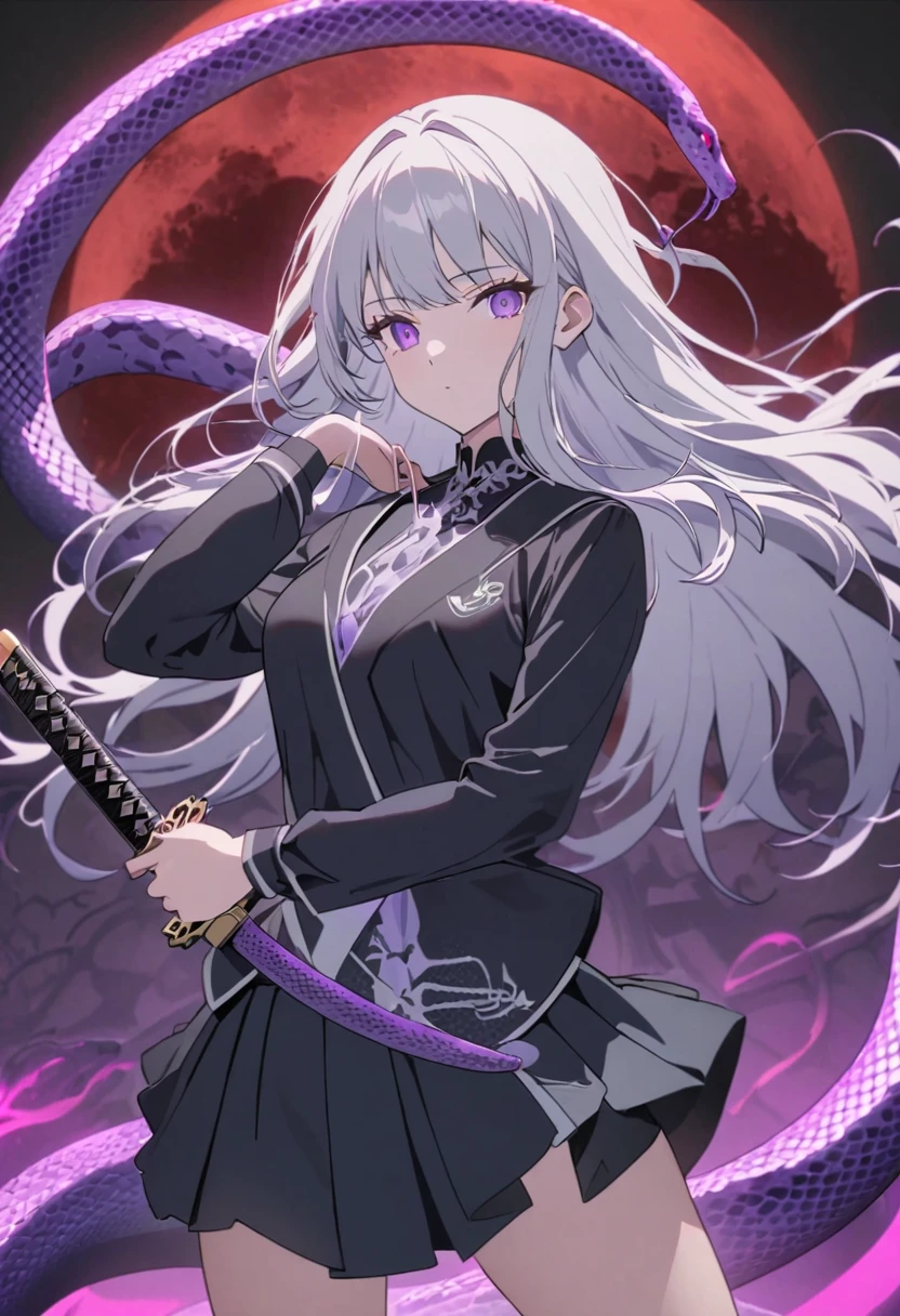 Flat style，Japanese anime style，(((1 beautiful girl，Silver long hair，Smooth skin，Black pleated skirt)))，Katana in hand，Elegant dynamic pose，Dynamic Blur，Red Moon，Dark purple tones，Mysterious and elegant atmosphere，(((Purple fluorescent python snake skeleton background)))
