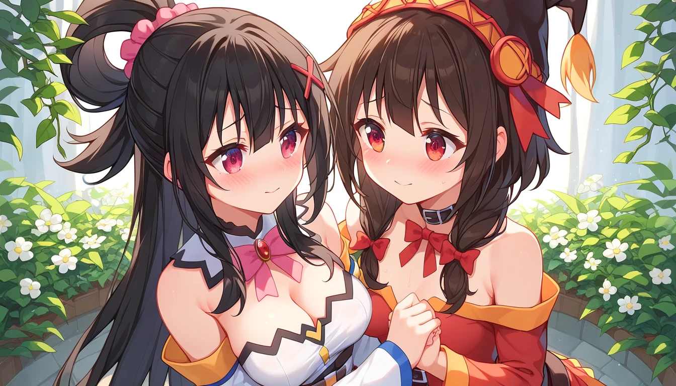 ((2girls:1.3)), ((moe style:1.3)), ((standing:1.3)), ((magical girls:1.3)), yuri, ((black hair:1.3)), megumin (konosuba), yunyun (konosuba), ((shy:1.3)), blush, ((perfect face)), ((extremely cute:1.3)), ((masterpiece:1.3)), ((8k)), ((best quality:1.3)), ((beautiful)), ((extremely detailed:1.3)) , ((absurdres)), AddXL, ((score_9:1.3)), ((score_8_up:1.3)), ((score_7_up:1.3)), Expressiveh