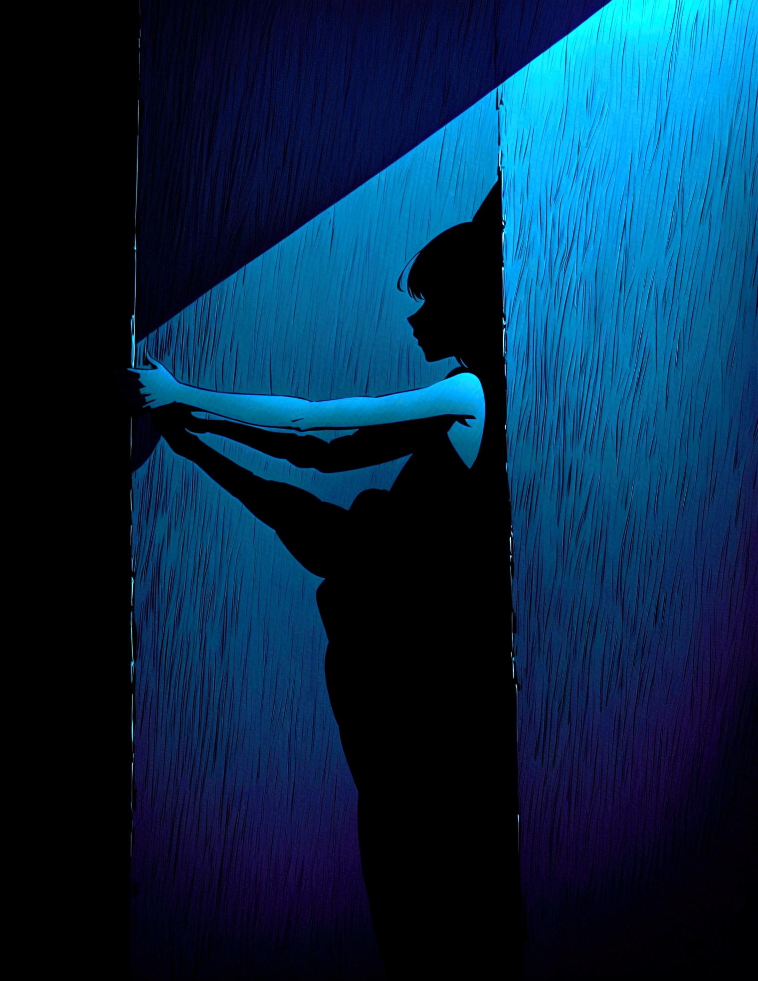 Create an intense and evocative portrait in the style of retro Japanese anime from the 80s and 90s. The scene shows a woman bathed in a deep blue light, leaning against a wall with her arms raised and eyes closed in a moment of raw emotion. Her outfit is minimalist, accentuating the curves of her body and the dramatic shadows cast by the lighting. The background is austere, with strong contrasts that highlight the contours of its shape. The blue and black palette intensifies the atmosphere, evoking a sense of mystery and allure. Subtle film grain and meticulous shading add depth and texture, emphasizing the emotional gravity of the scene. Lighting creates a chiaroscuro effect, accentuating its expressive pose and intense atmosphere.