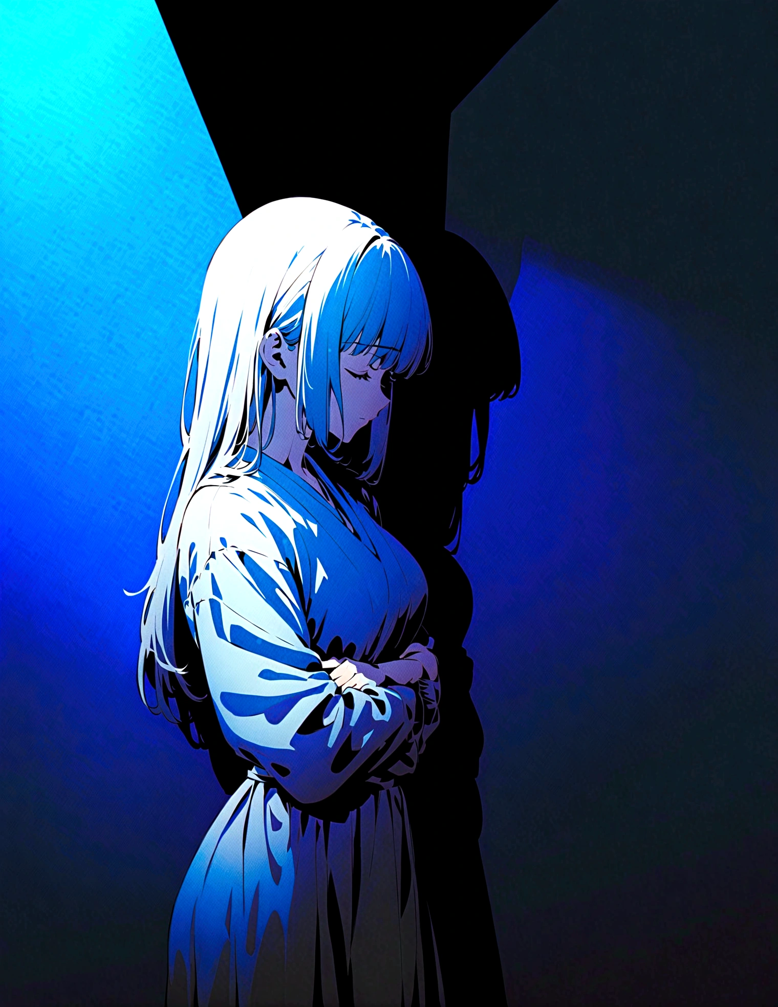 Create an intense and evocative portrait in the style of retro Japanese anime from the 80s and 90s. The scene shows a woman bathed in a deep blue light, leaning against a wall with her arms raised and eyes closed in a moment of raw emotion. Her outfit is minimalist, accentuating the curves of her body and the dramatic shadows cast by the lighting. The background is austere, with strong contrasts that highlight the contours of its shape. The blue and black palette intensifies the atmosphere, evoking a sense of mystery and allure. Subtle film grain and meticulous shading add depth and texture, emphasizing the emotional gravity of the scene. Lighting creates a chiaroscuro effect, accentuating its expressive pose and intense atmosphere.