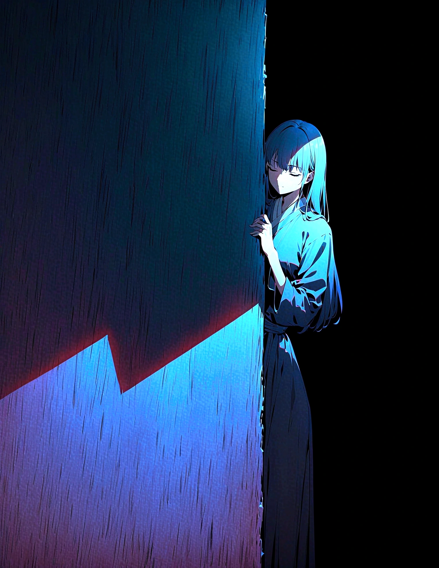 Create an intense and evocative portrait in the style of retro Japanese anime from the 80s and 90s. The scene shows a woman bathed in a deep blue light, leaning against a wall with her arms raised and eyes closed in a moment of raw emotion. Her outfit is minimalist, accentuating the curves of her body and the dramatic shadows cast by the lighting. The background is austere, with strong contrasts that highlight the contours of its shape. The blue and black palette intensifies the atmosphere, evoking a sense of mystery and allure. Subtle film grain and meticulous shading add depth and texture, emphasizing the emotional gravity of the scene. Lighting creates a chiaroscuro effect, accentuating its expressive pose and intense atmosphere.