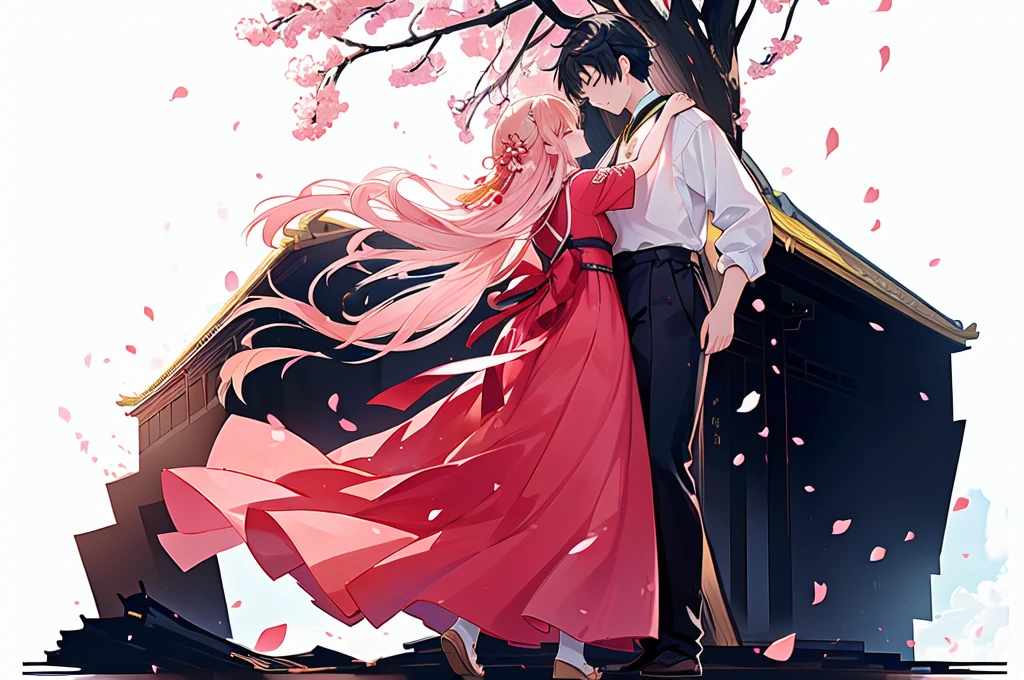 The girl stands under the peach tree. The boy hugs the girl from behind. The atmosphere of ancient costume. The falling petals. The Chinese-style building. The flying skirt blows by the wind.