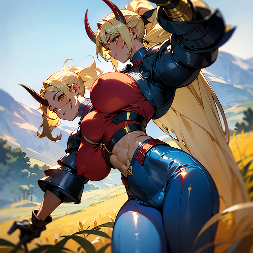 1girl, detailed ((blonde hair)), (gold eyes), ((big red horns)), {{dark skin}}, ({dark skinned female}), gigantic breasts, thick thighs, translucent blue veins on the body, strong abdominal muscles, strong leg muscles, strong arm muscles, ponytail hairstyle, wearing a blue coat with rolled up sleeves, steel belly heavy armor, leather pants, leather steel gloves, wide a leather belt with gold yarn walks through a flower meadow against the backdrop of distant high mountains,