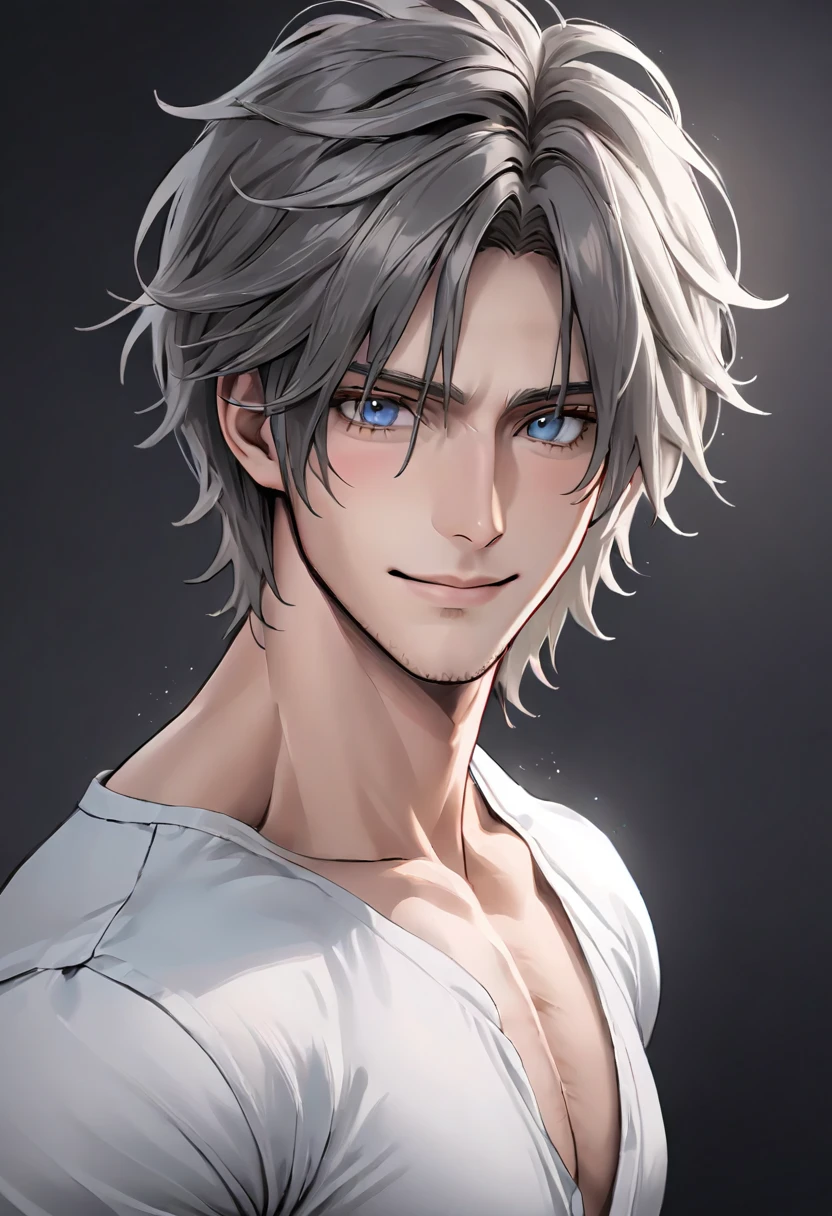 (masterpiece, High resolution, Super detailed:1.0), (1 male, Adult male, 27 years old, Soft and handsome face), Very high, the right amount of muscle, Detailed face, (gray brown hair, medium long hair, Center parted bangs), (blue eyes, Sagging eyes, long eyelashes), (Wearing a half-open white shirt, Black and gray cotton pants, show some skin), (sweat, Playful, Seductive smile:1.3), (light black background, front, looking at the audience), (SuperQuality:1.0)