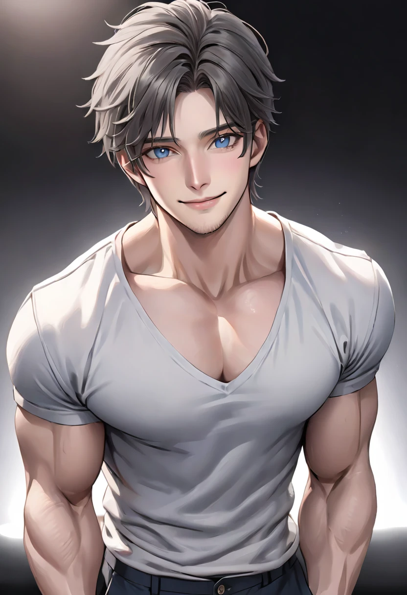 (masterpiece, High resolution, Super detailed:1.0), (1 male, Adult male, 27 years old, Soft and handsome face), Very high, the right amount of muscle, Detailed face, (gray brown hair, medium long hair, Center parted bangs), (blue eyes, Sagging eyes, long eyelashes), (Wearing a half-open white shirt, Black and gray cotton pants, show some skin), (sweat, Playful, Seductive smile:1.3), (light black background, front, looking at the audience), (SuperQuality:1.0)