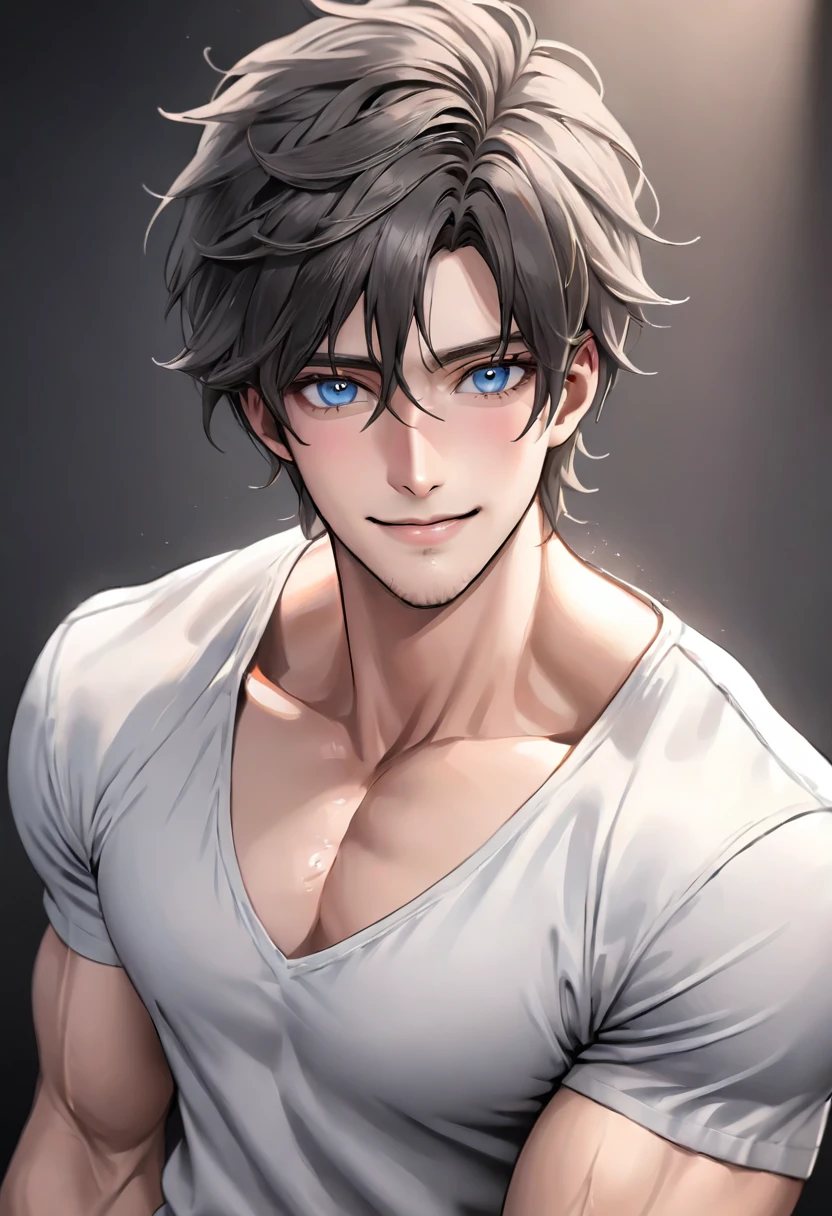 (masterpiece, High resolution, Super detailed:1.0), (1 male, Adult male, 27 years old, Soft and handsome face), Very high, the right amount of muscle, Detailed face, (gray brown hair, medium long hair, Center parted bangs), (blue eyes, Sagging eyes, long eyelashes), (Wearing a half-open white shirt, Black and gray cotton pants, show some skin), (sweat, Playful, Seductive smile:1.3), (light black background, front, looking at the audience), (SuperQuality:1.0)