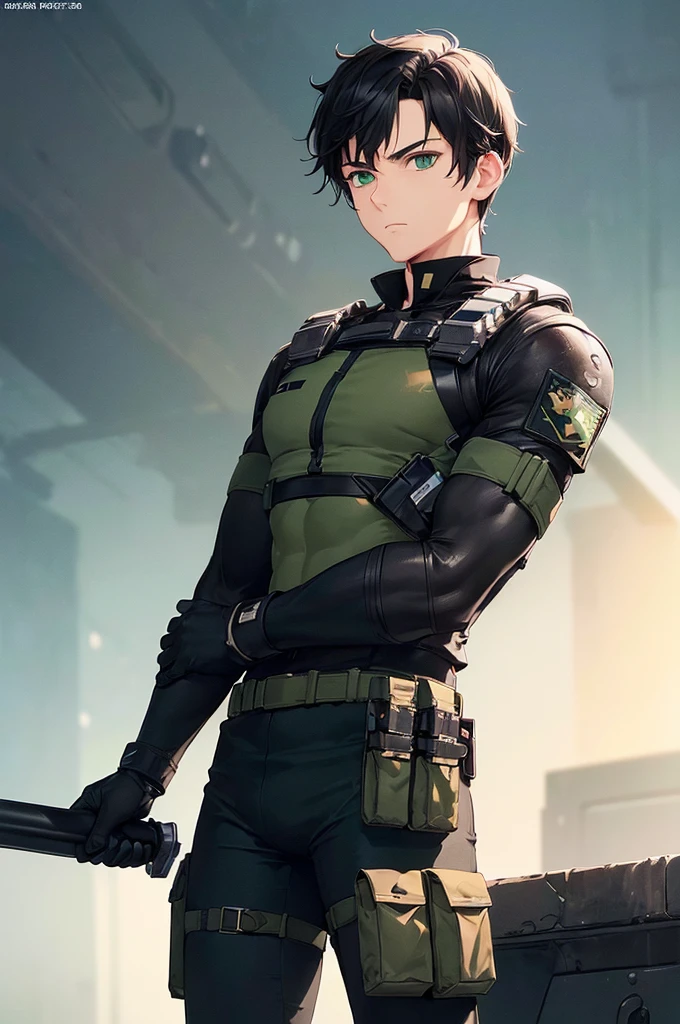 (masterpiece; best quality: 1.2), (finely detailed eyes: 1.3), ((25 year old man)), ((solo)), (green eyes: 1.4), (body; lean, fit, masculine: 1.3), (short black hair: 1.3), (beautiful and clear background: 1.2), ((depth of field)), (equipment: full spec ops black uniform + black gloves + pouches: 1.3), (anime illustration: 1.2), (background composition; military base office: 1.1), (extremely fine and handsome: 1.1), (shot composition; standing + centered on torso + close-up: 1.5), (expression; calm, stoic: 1.2)