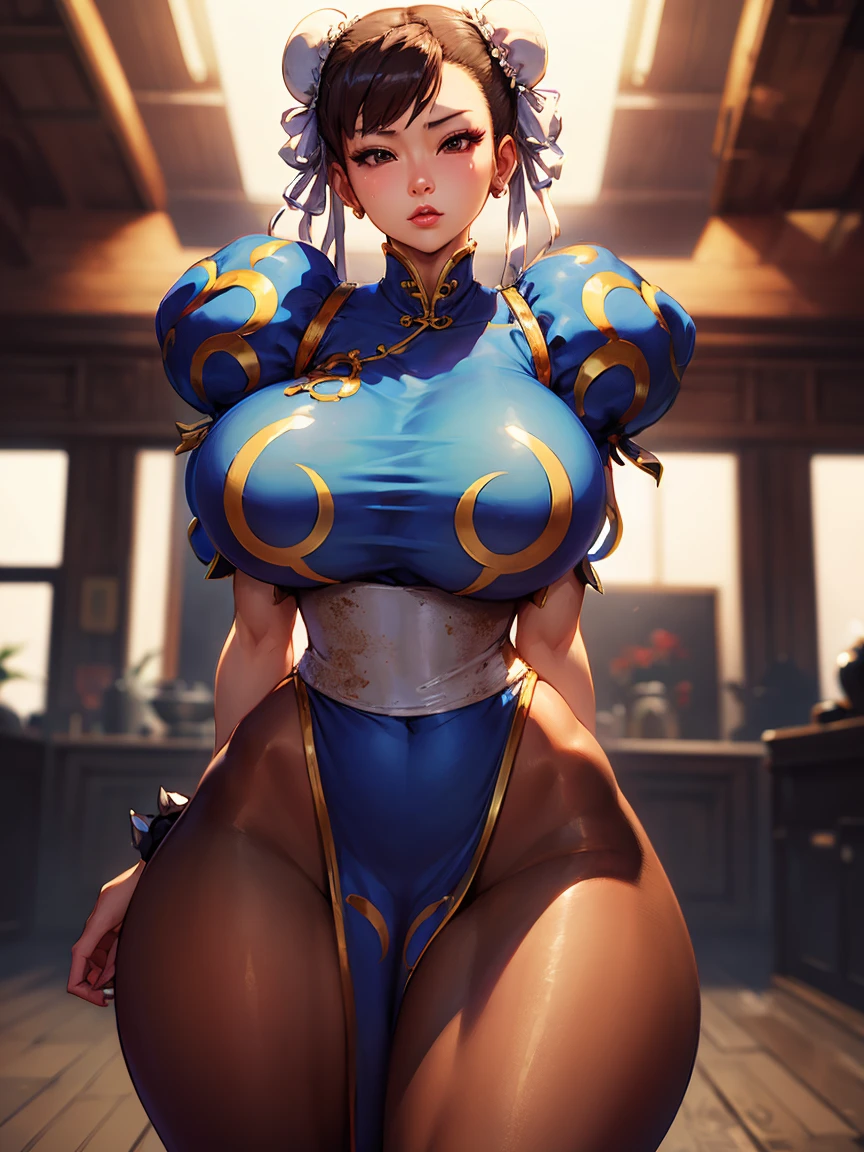 ( Beautiful Chun-Li in her classic outfit, Perfect body, Thick thighs ),torn clothes,all four,Surrender