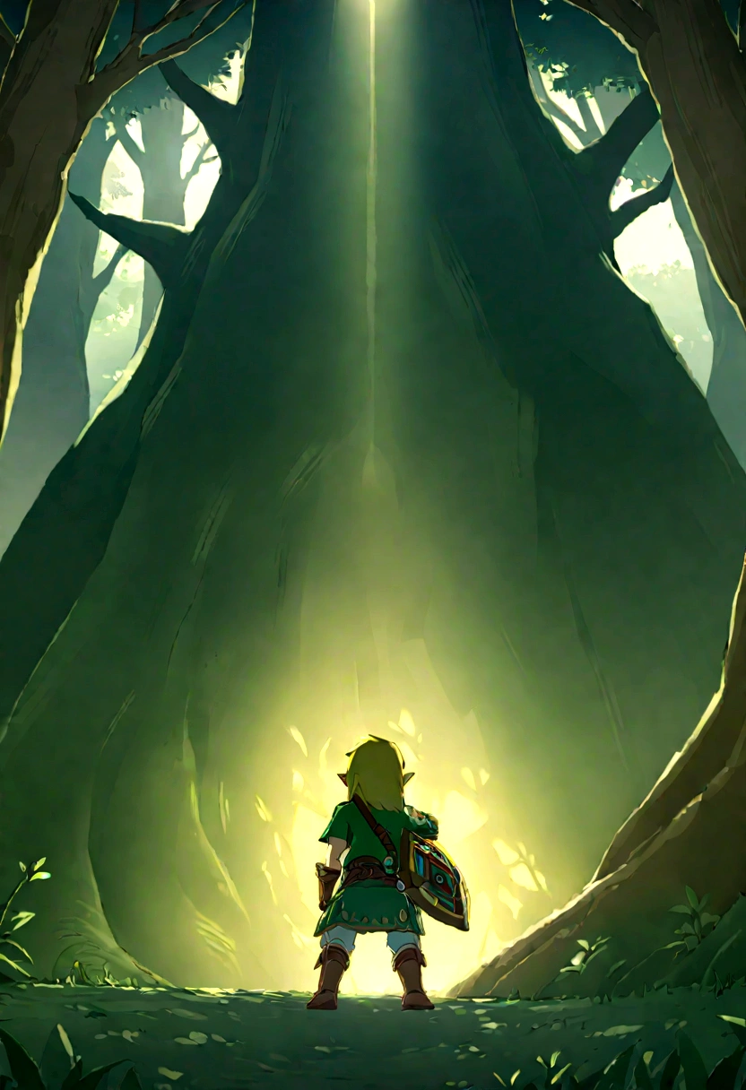 The Legend of Zelda, Link fighting Bokoblin。A mysterious forest spreads in the background.、The sun is shining through the trees.。Link&#39;s movements are agile、The way he stands up to Bokoblins is brave and powerful.。