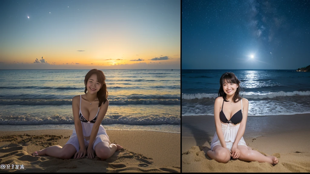 (((One screen must not be split)))、A 20-year-old woman with a very cute face like an idol、Smile a little,(Cleavage)、(one piece)、(((Beautiful starry sky on the beach at night)))、((cinematic lighting))、(((The lighting is dim, with only starlight.)))、((Long-distance shot))、RAW Photos、Genuine、live-action、((live-actionと見分けがつかないクオリティ))、(Artistic Expression)、High resolution、masterpiece