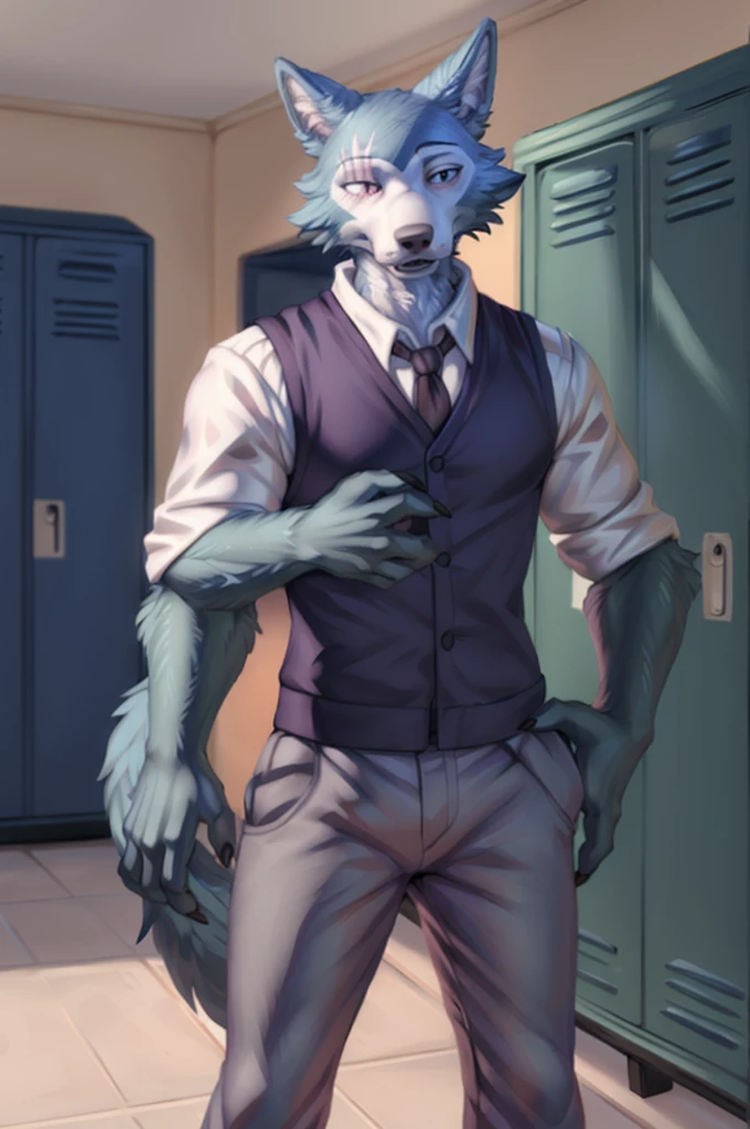 (by personalami, by hioshiru, by zackary911, by by null-ghost), male, wolf, solo, legoshi (beastars), locker room, standing, clothed, fully clothed, , topwear, bottomwear, safe, standing, muscular, claws, eye scar, bara