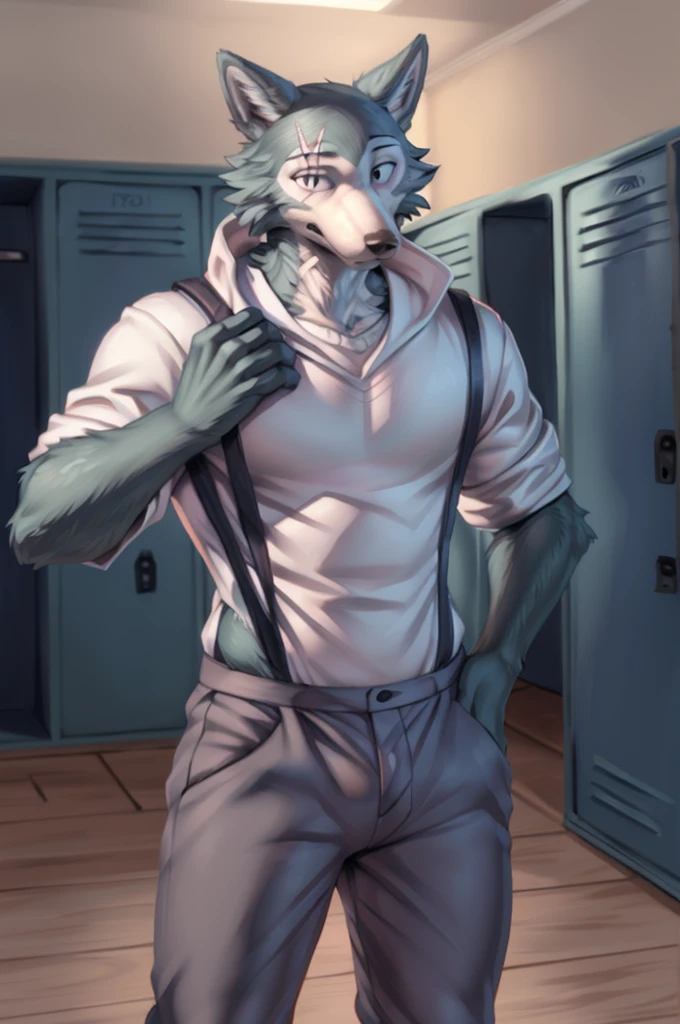 (by personalami, by hioshiru, by zackary911, by by null-ghost), male, wolf, solo, legoshi (beastars), locker room, standing, clothed, fully clothed, , topwear, bottomwear, safe, standing, muscular, claws, eye scar, bara