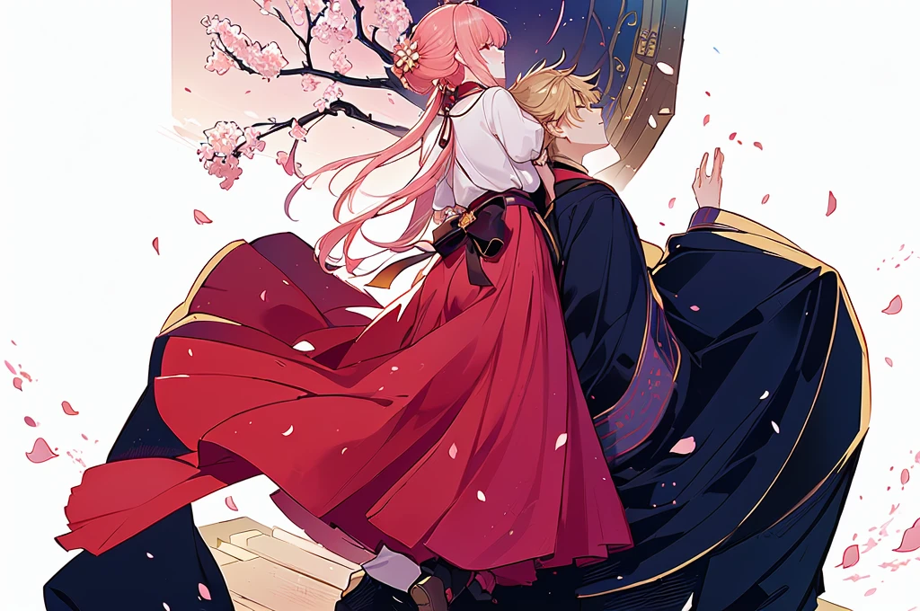 The girl stands under the peach tree. The boy hugs the girl from behind. The atmosphere of ancient costume. The falling petals. The Chinese-style building. The flying skirt blows by the wind.