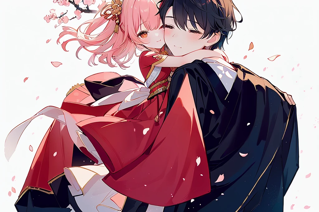 The girl stands under the peach tree. The boy hugs the girl from behind. The atmosphere of ancient costume. The falling petals. The Chinese-style building. The flying skirt blows by the wind.
