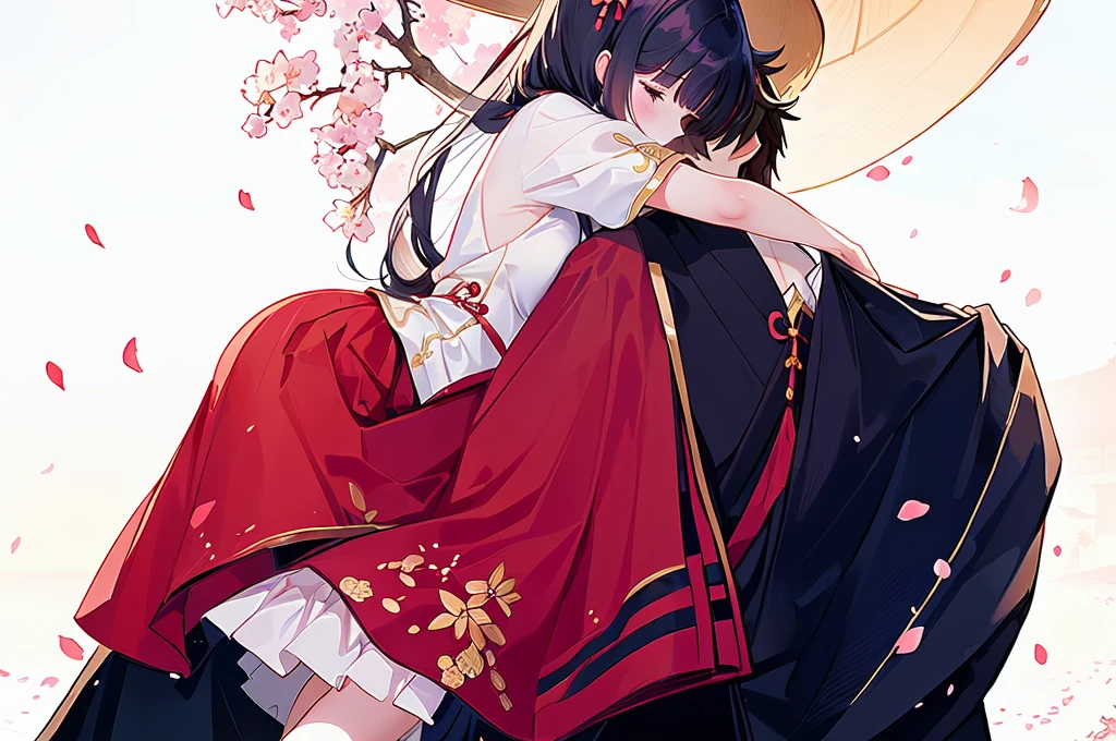 The girl stands under the peach tree. The boy hugs the girl from behind. The atmosphere of ancient costume. The falling petals. The Chinese-style building. The flying skirt blows by the wind.
