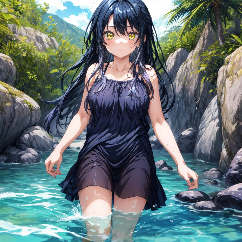 ((Highest quality)), ((masterpiece)), (detailed), 1woman, 独奏, miko, 比基尼, sexly, large breasts, yellow eyes, long hair, black hair, blue hair, multicolored hair, sidelocks, bangs, wet, water, beach
